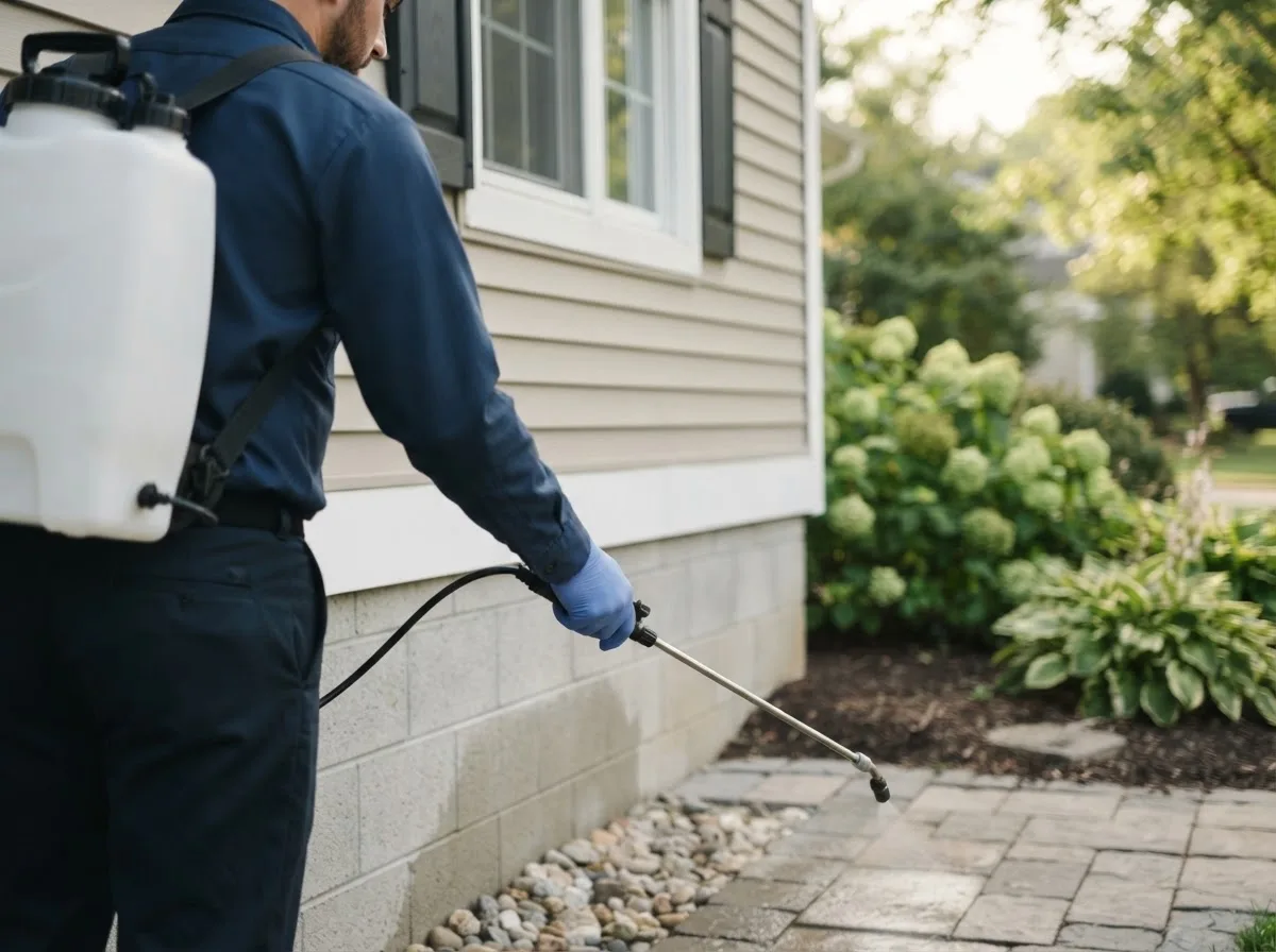 Pest control technician inspecting a home in Clarksville, FL
